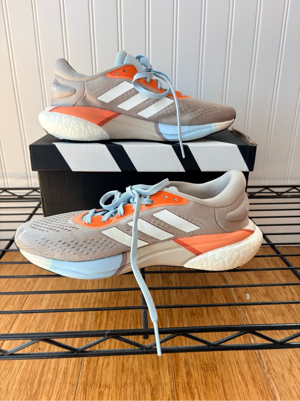 adidas Kids Tan and Orange Running Sneakers with Light Blue Laces